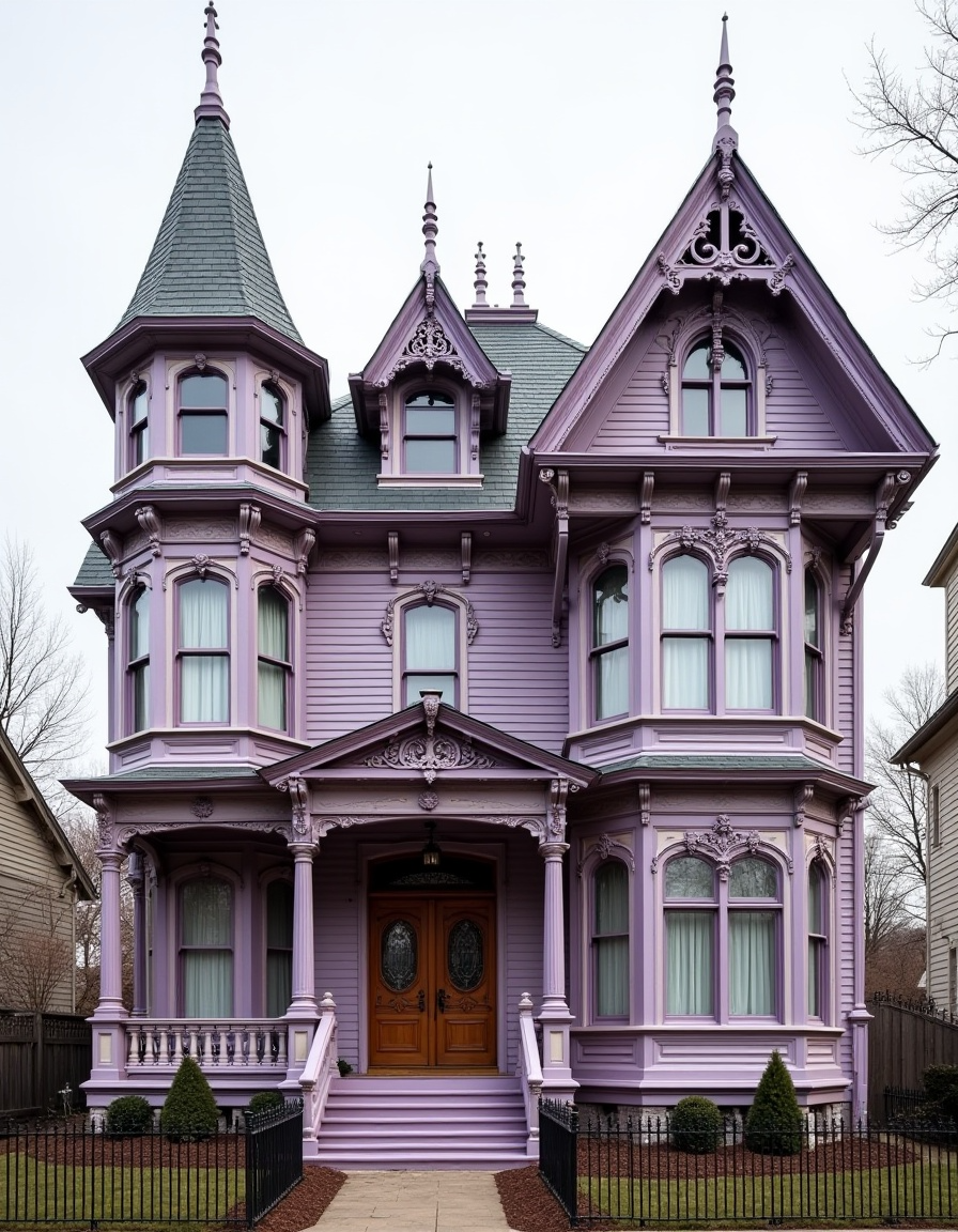 Lavender Victorian house with turrets, gables, bay windows, and ornate trim details, highlighting gothic-inspired architecture.