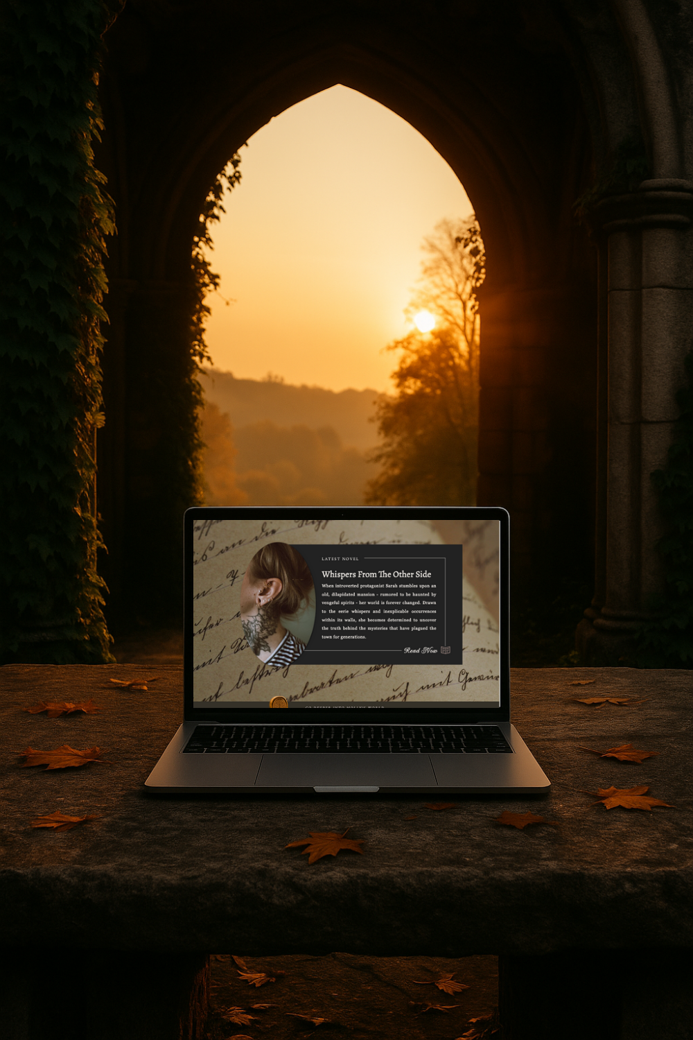 Straight-on laptop mockup of the Molly Grimm gothic website template, displayed on a stone table in ivy-covered ruins at sunset, with warm autumn light creating an atmospheric backdrop.