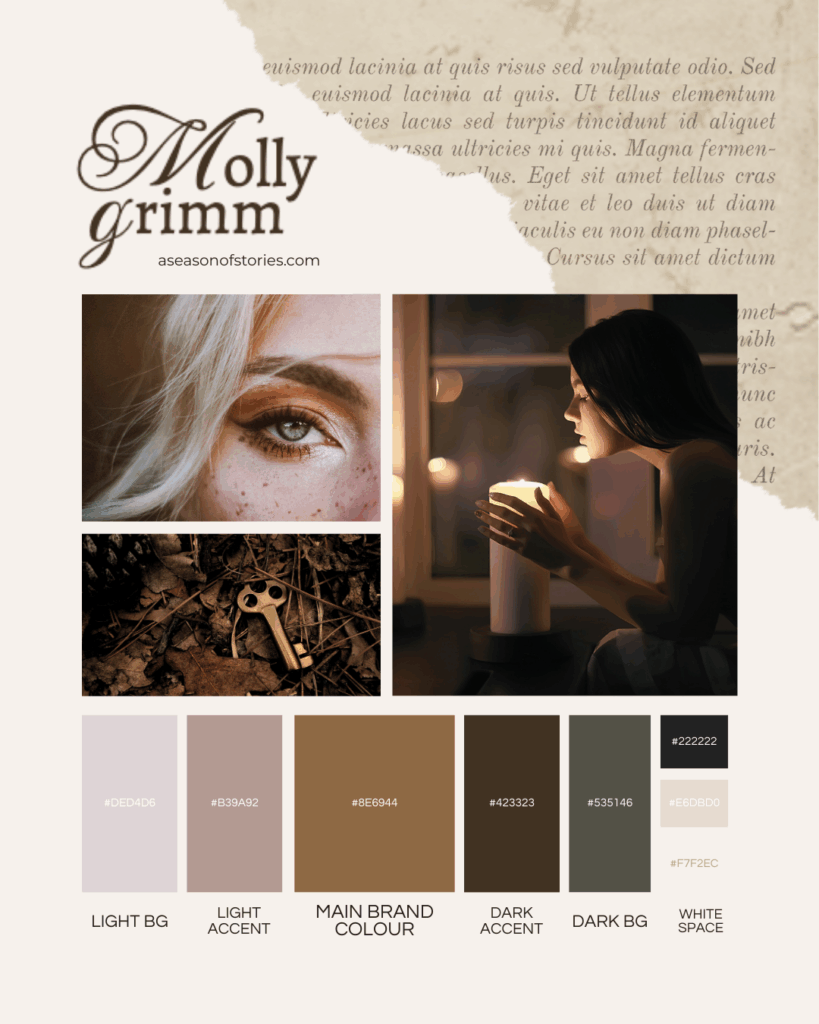 Molly Grimm brand board featuring warm neutral color palette, close-up of a green eye with copper eyeshadow, and a woman holding a candle — perfect for moody, bookish, and dark academia website design inspiration.