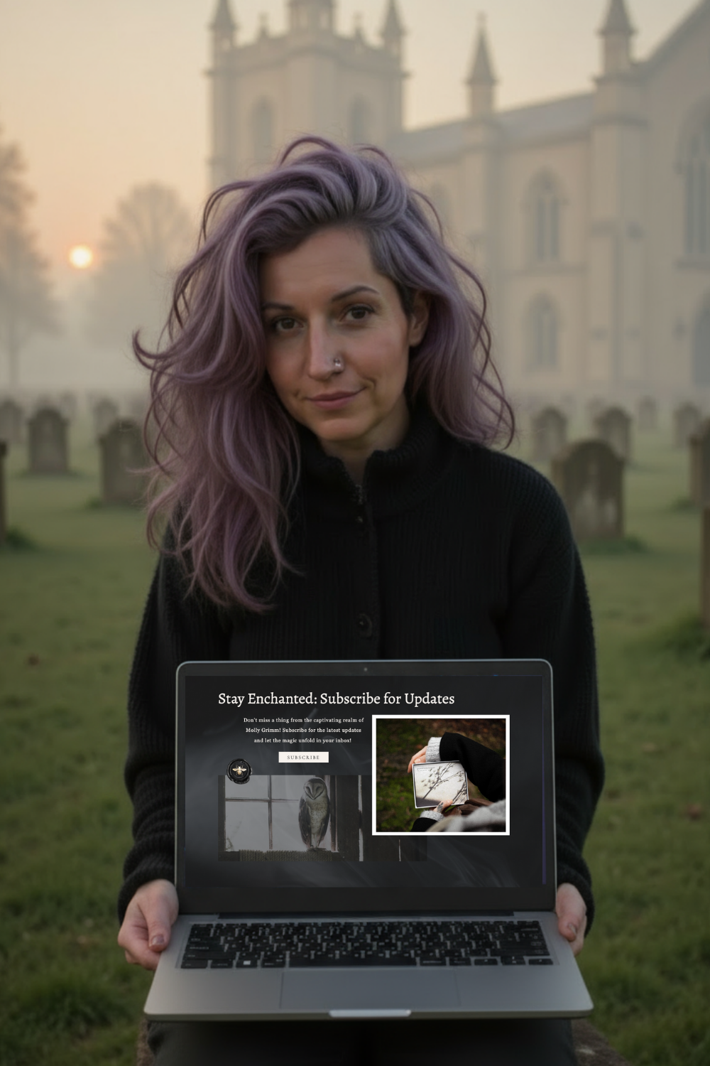 Mockup of the Molly Grimm Showit website template displayed on a laptop, held by a woman in a gothic autumn setting.