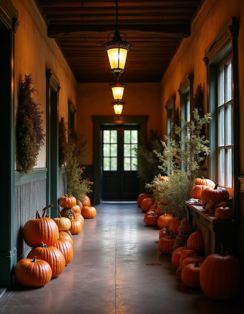 Cozy hallway decorated with pumpkins and greenery, illuminated by glowing lanterns.