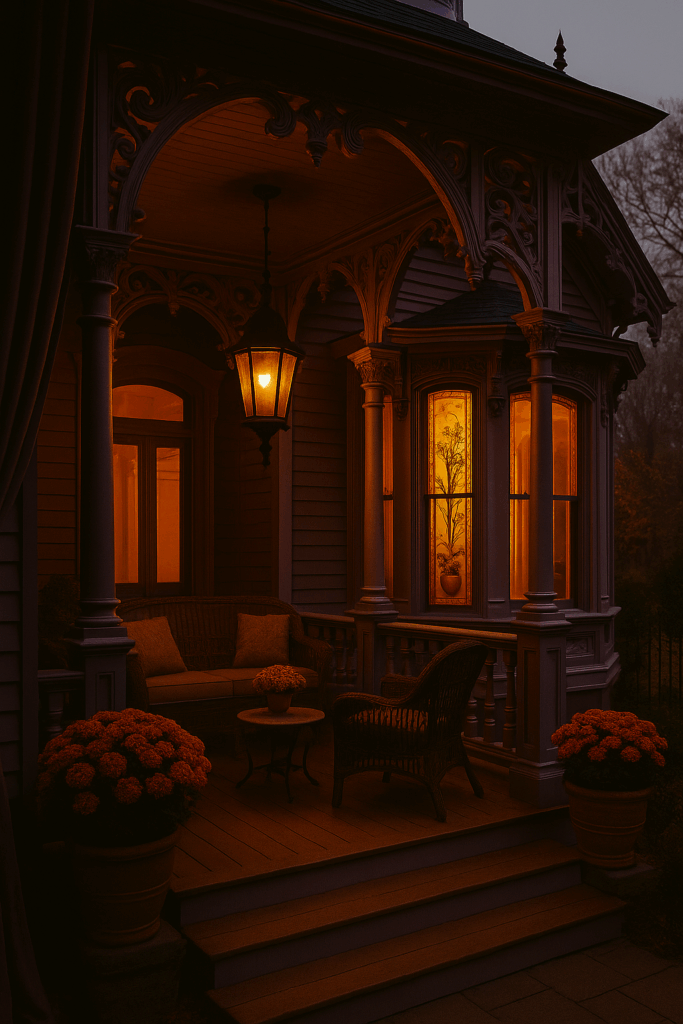 Victorian back porch with carved trim, glowing lantern, wicker chairs, and stained glass window creating a gothic romantic atmosphere.