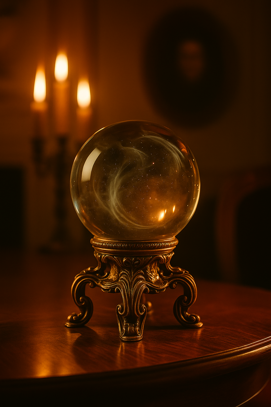 Victorian crystal ball on ornate stand glowing in candlelight