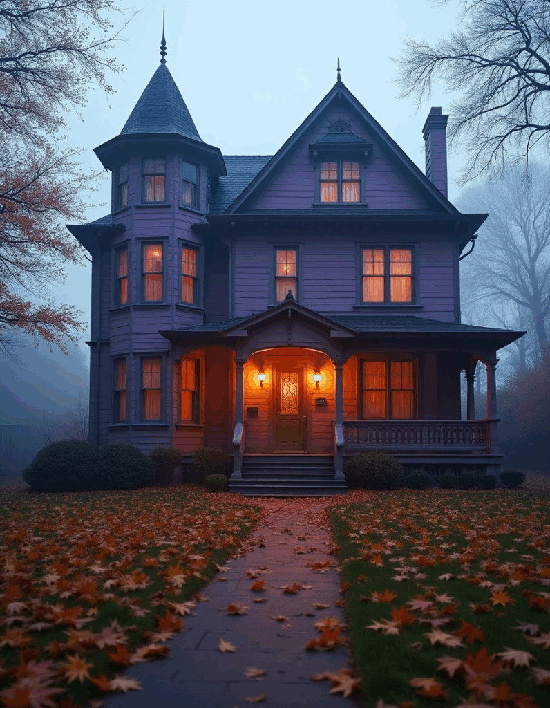 Victorian Gothic house with glowing lanterns on the porch, lit windows, and a pathway covered in fallen autumn leaves on a foggy evening.