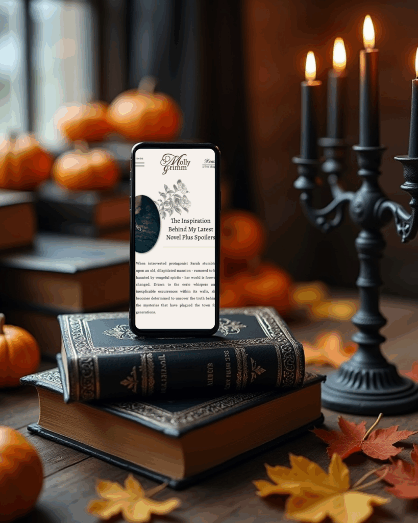 Mobile phone on stacked vintage books, screen showing a Victorian Gothic Showit website template, surrounded by pumpkins, autumn leaves, and a black candelabra.