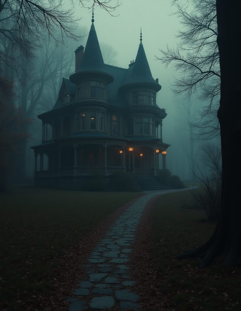 Victorian mansion with turrets glowing warmly through the fog, surrounded by bare trees and a stone path leading to the porch.