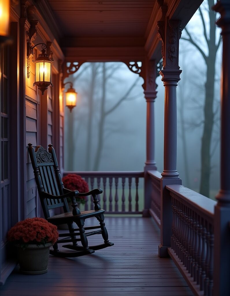 Victorian porch with glowing lanterns, a black rocking chair, carved trim, and potted flowers in the misty evening atmosphere.