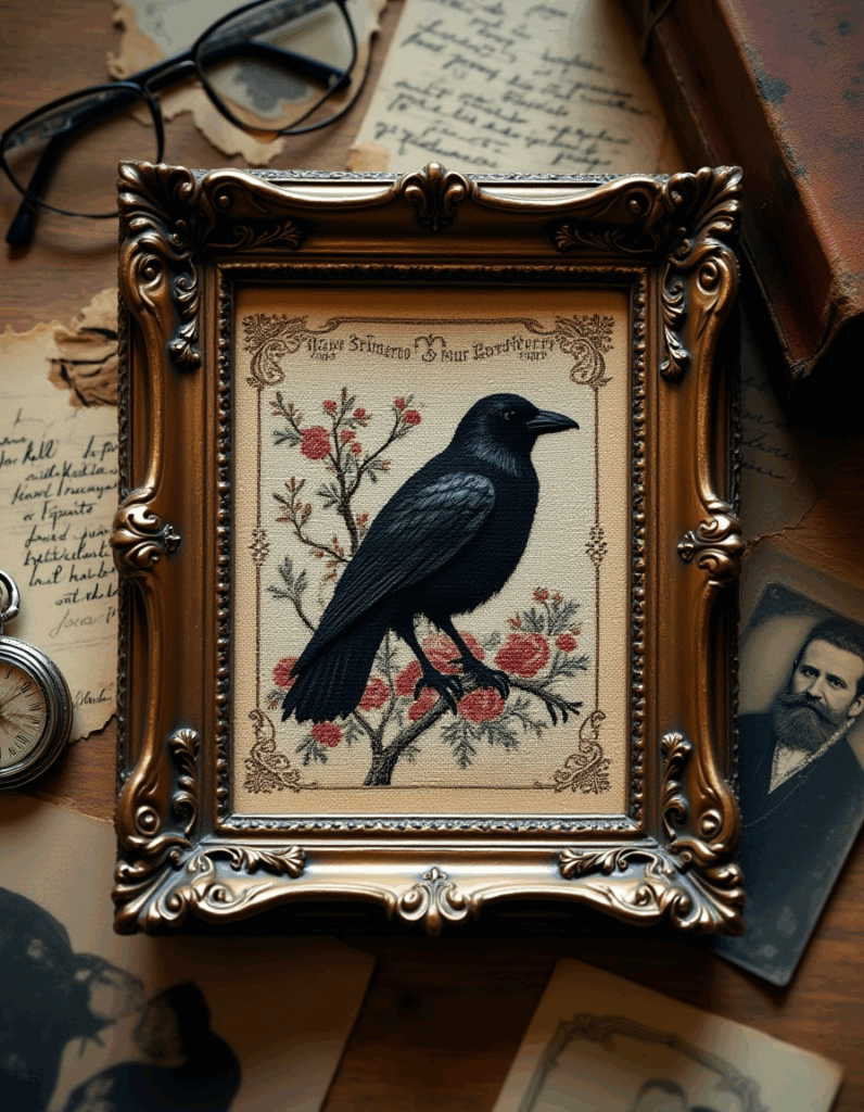 Victorian raven artwork in an ornate gold frame with floral embroidery, placed on a wooden table with antique letters, glasses, and vintage photographs.