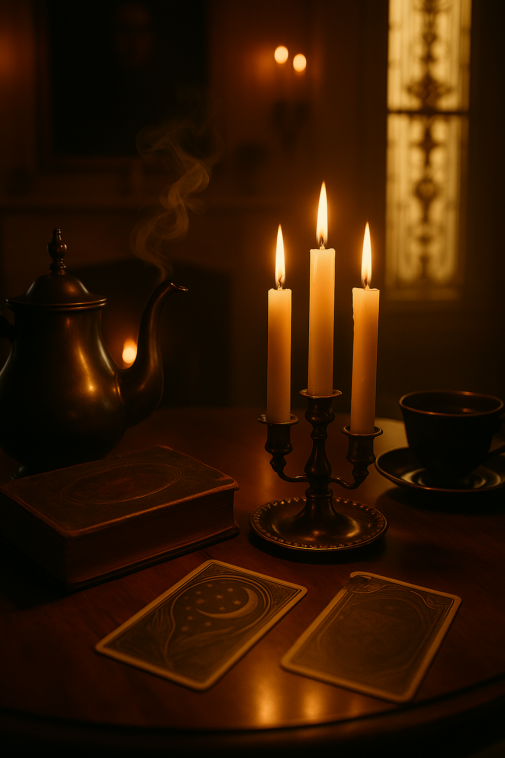 Victorian séance table with burning candles, tarot cards, a teapot, and a steaming cup in a moody candlelit room.