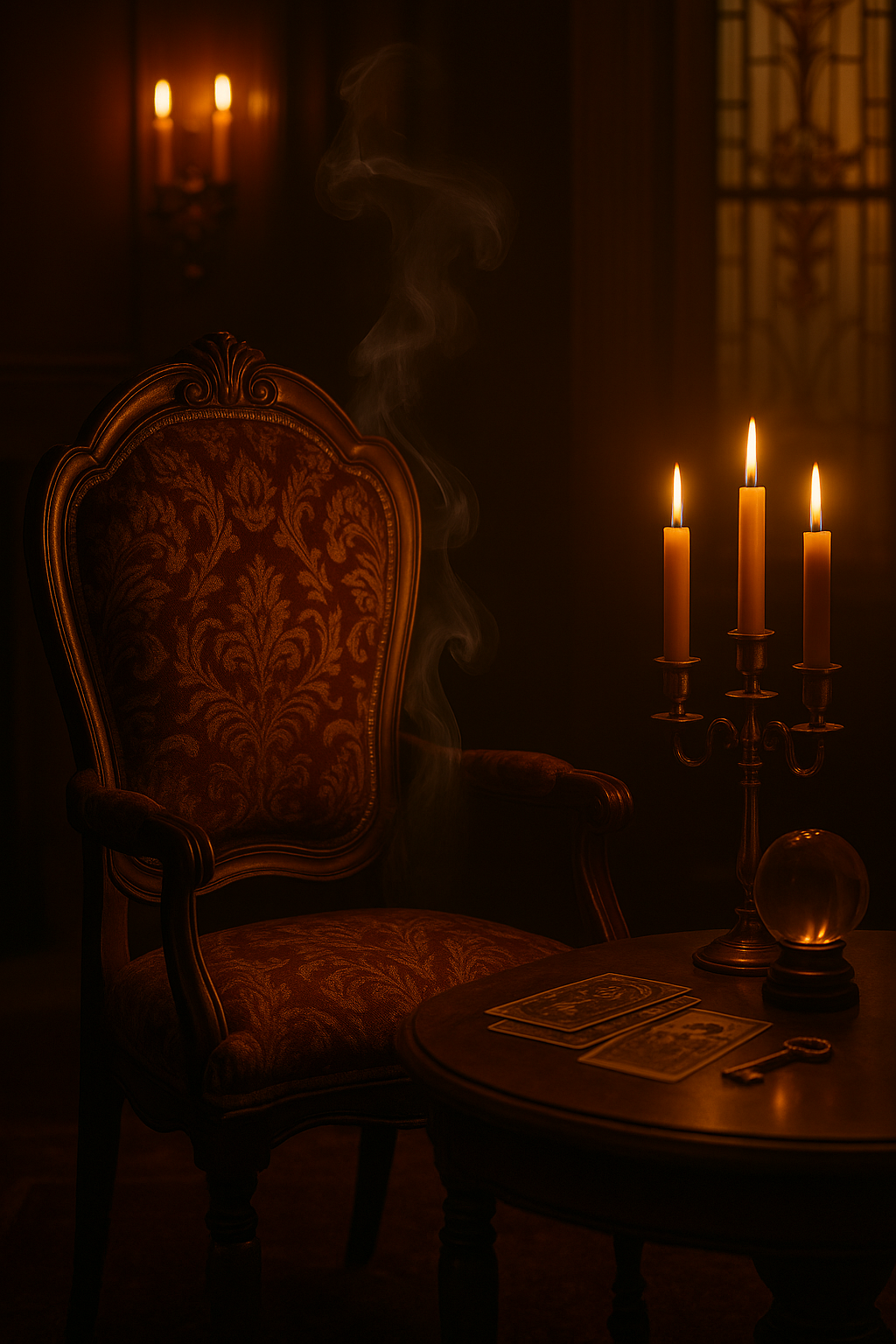 Victorian séance scene with an empty ornate chair, glowing candles, tarot cards, and a crystal ball on a wooden table.