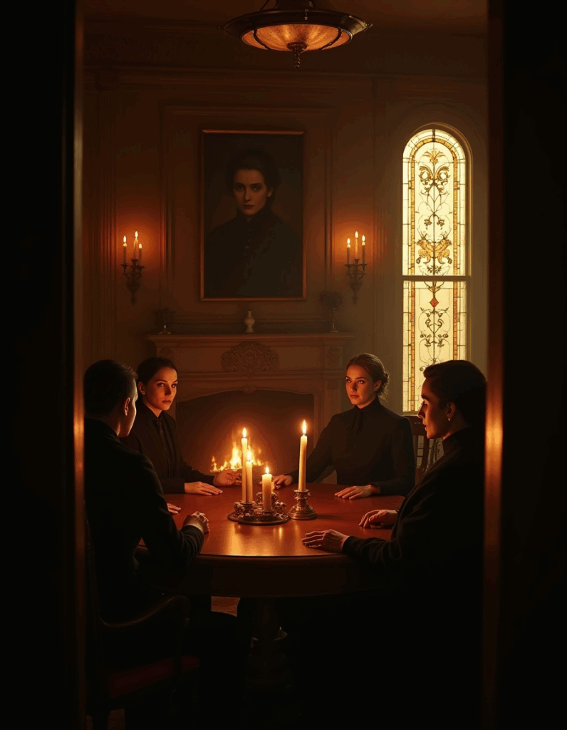 Victorian séance in a gothic parlor with four people seated at a round table, candlelight glowing, stained glass window, and a portrait above the fireplace.