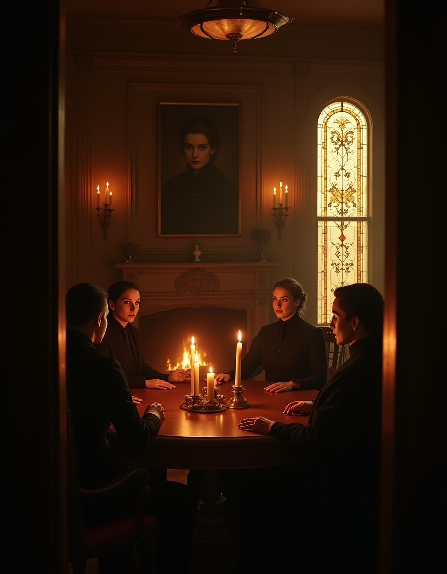 Victorian séance in a gothic parlor with four people seated at a round table, candlelight glowing, stained glass window, and a portrait above the fireplace.