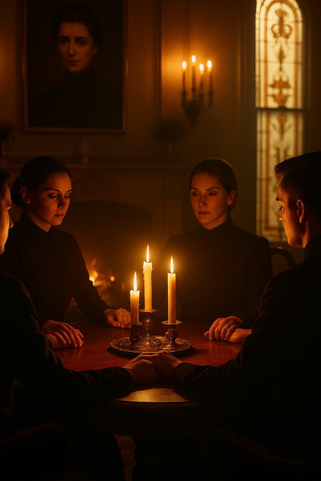 Four people sit around a wooden table in a dimly lit Victorian parlor, hands joined in a séance as three candles burn at the center, casting a warm golden glow.