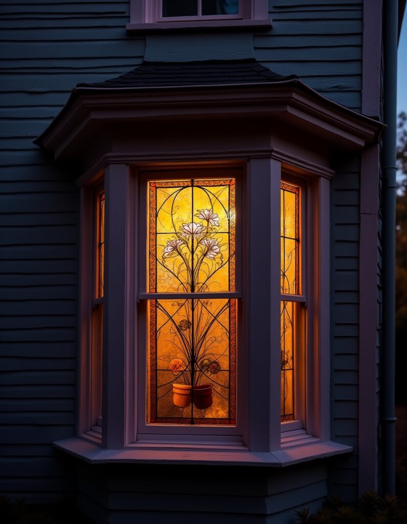 Victorian bay window at dusk with illuminated stained glass floral design, glowing warmly against the dark exterior of the house.
