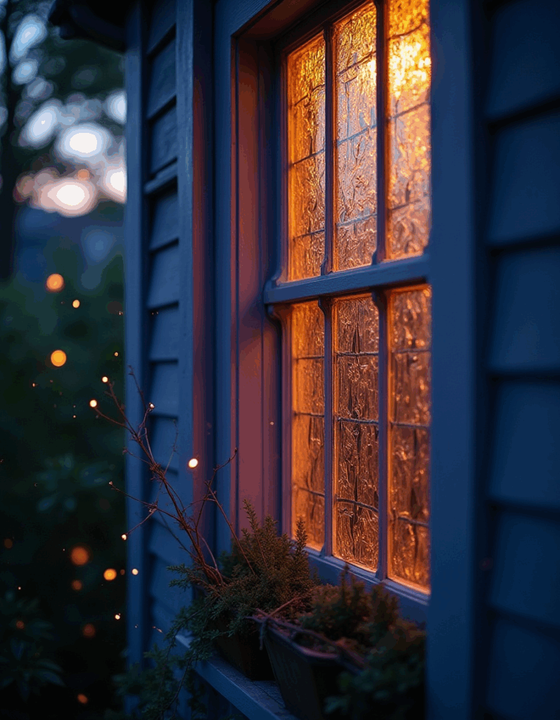 Victorian window glowing with warm light at dusk, framed by plants and fireflies drifting in the evening air.