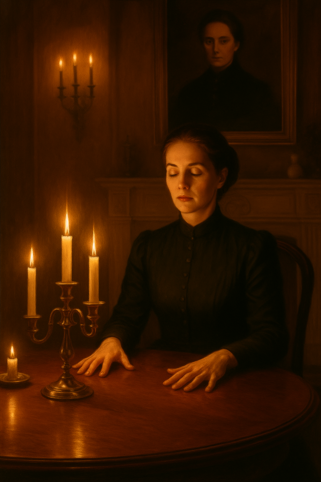 Victorian woman at a séance table with candles, eyes closed in concentration, gothic atmosphere.