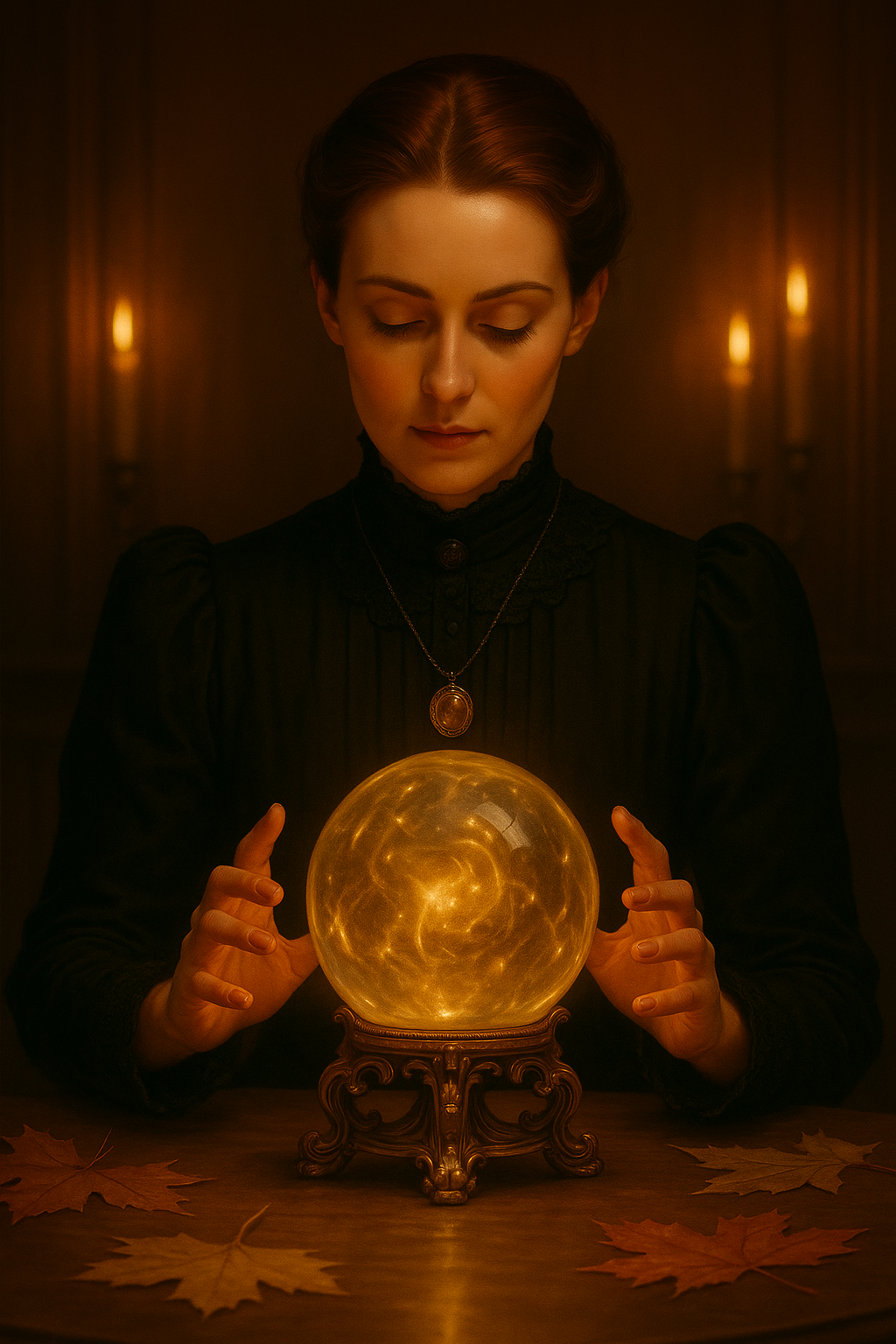 Victorian woman in a dark dress gazing into a glowing crystal ball on an ornate stand, with candles and autumn leaves creating a gothic spiritualist atmosphere.