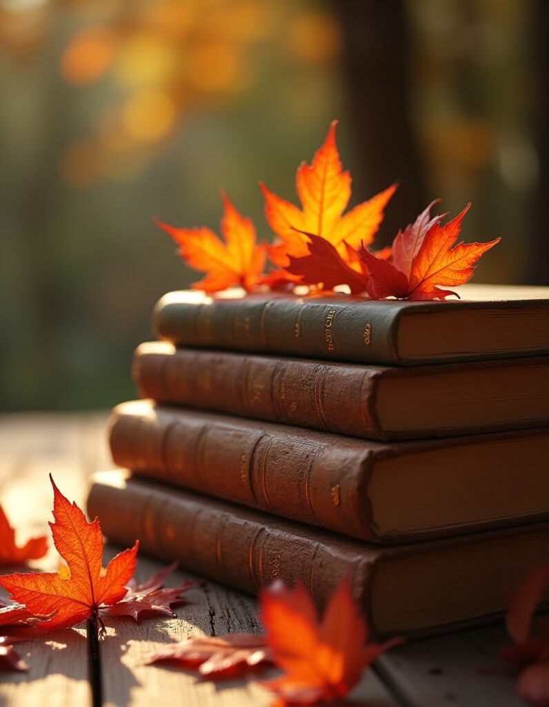 Close-up of a stack of vintage leather-bound books on a wooden table, decorated with bright orange and red autumn leaves. Warm golden sunlight creates a cozy, nostalgic fall reading atmosphere.