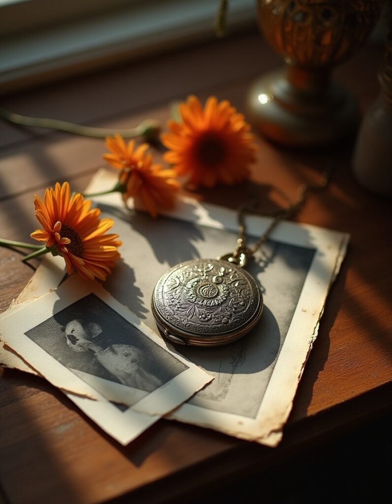 Vintage pocket watch with daisies and old photographs on wooden table