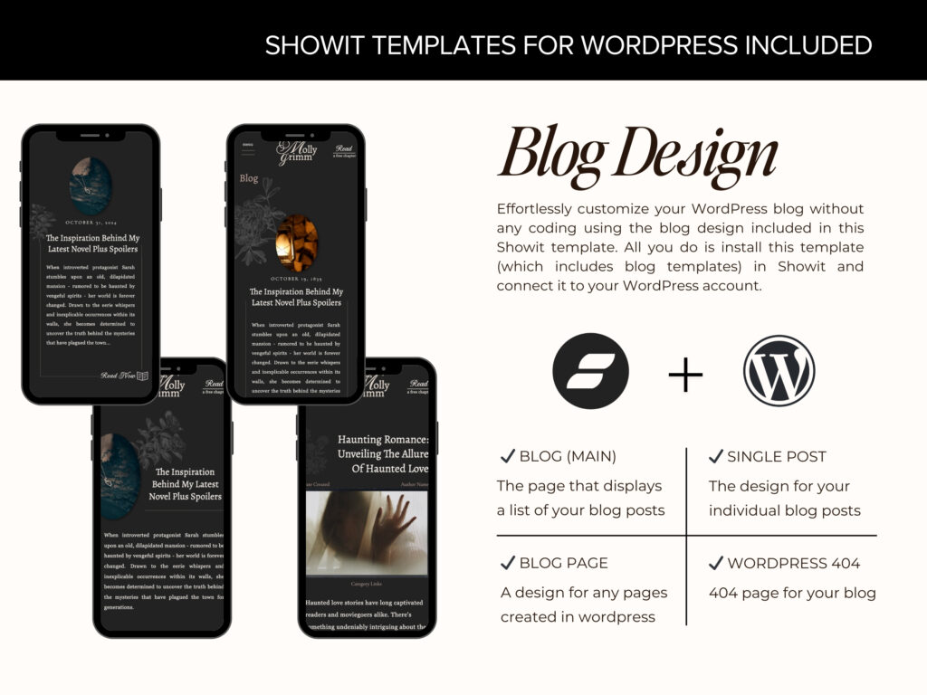 A gothic dark academia Showit website template mockup for authors, writers, and creatives — featuring a moody, bookish design perfect for romance and fantasy writers.