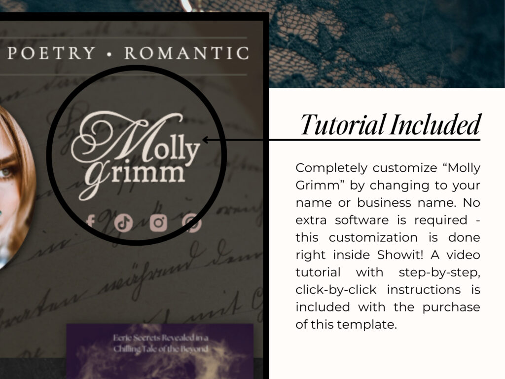 Victorian inspired logo make from flourish and victorian era fonts - tutorial included in the Dark Academia Showit Website Template for Authors | Gothic & Bookish Design