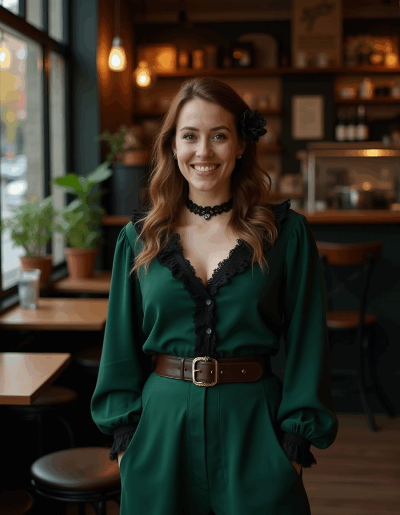 Woman in gothic-inspired green jumpsuit with black lace trim blouse and choker necklace, modern gothic fashion style