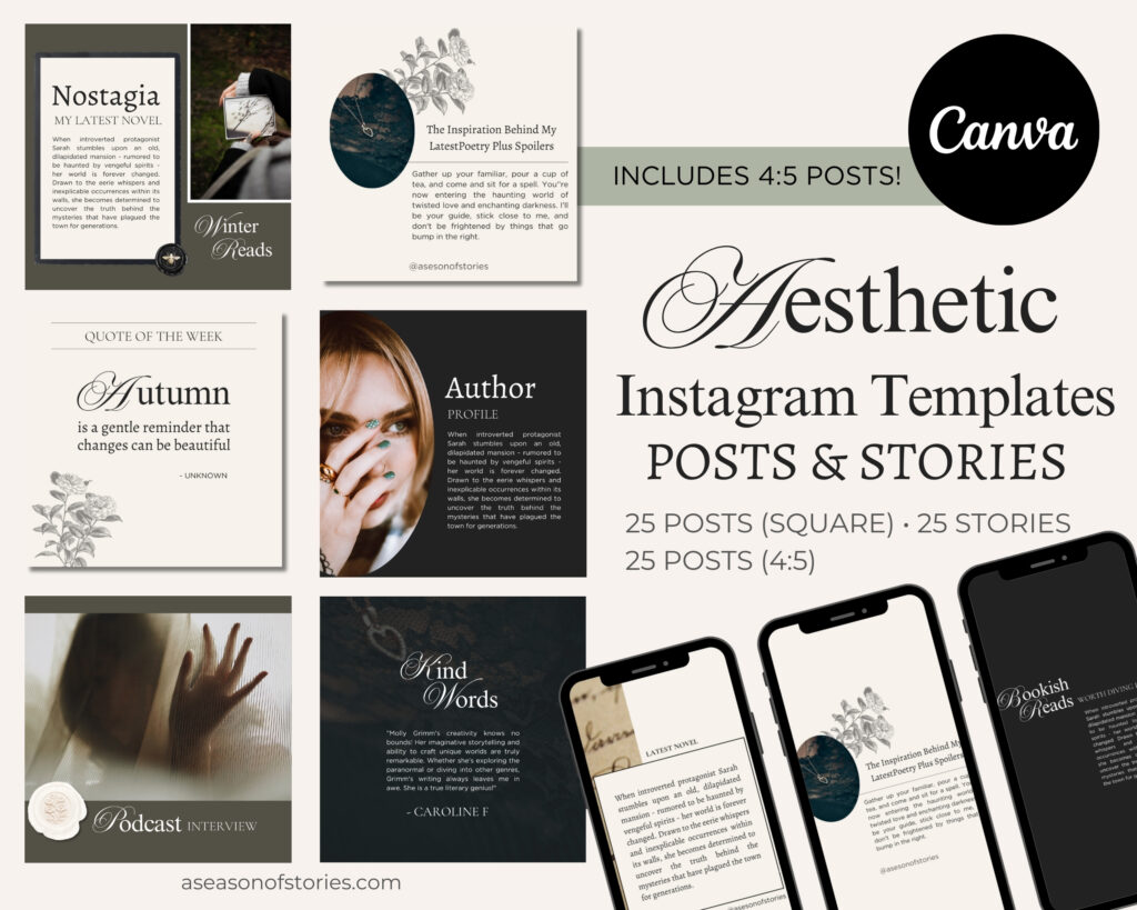 Dark academia Instagram templates for Canva with Victorian gothic fonts — aesthetic posts and stories for authors, writers, and bookstagram accounts