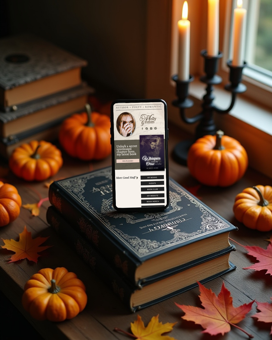 Phone mockup of Molly Grimm gothic author website template for Showit displayed on screen with pumpkins, candles, and vintage books in cozy autumn gothic setting.