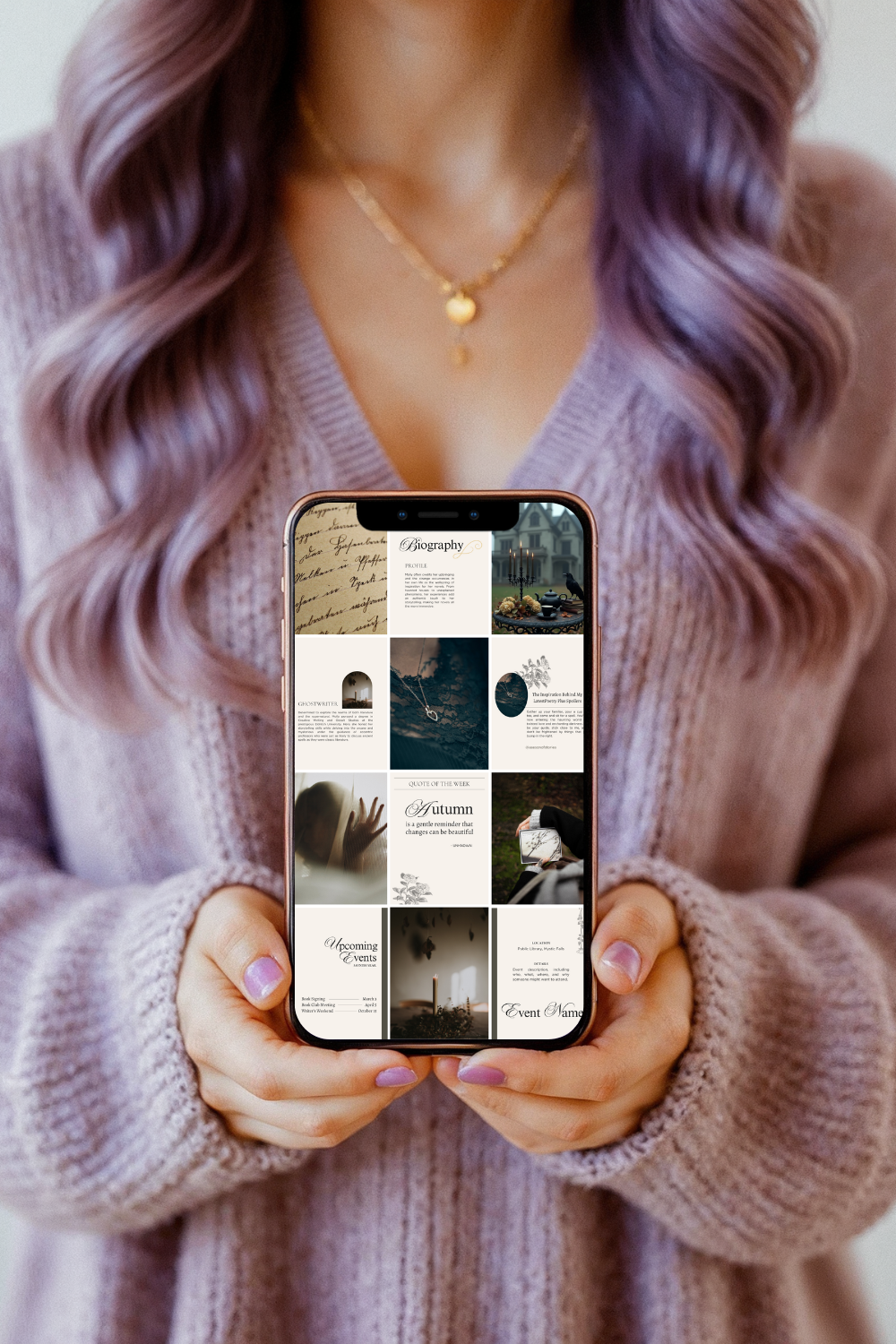 Mockup of Whimsigoth and Dark Academia Instagram templates for Canva, designed for authors, writers, and bookstagrammers (bookstagram insta accounts).