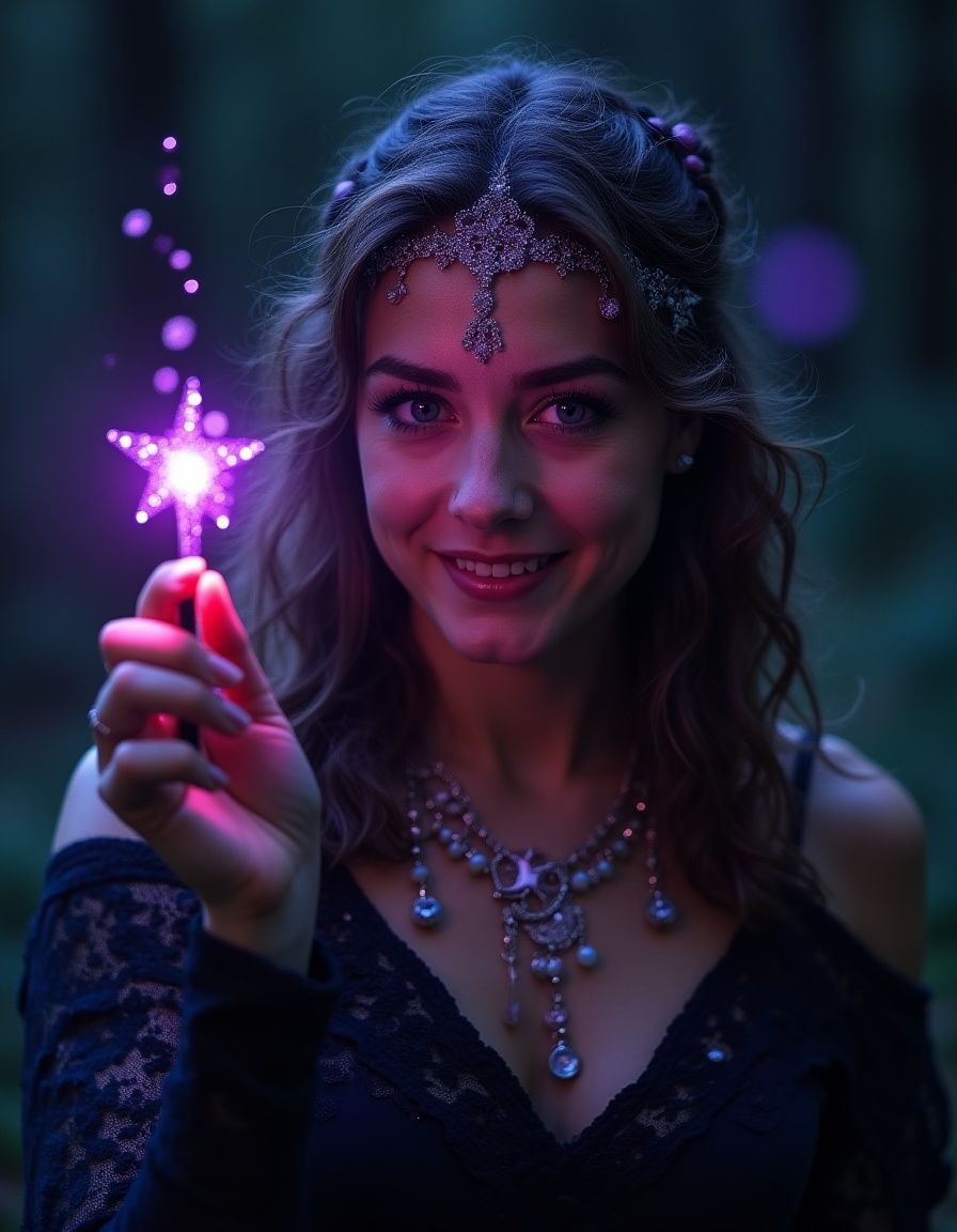 Celestial witch smiling with a glowing star wand and ornate jeweled headpiece.