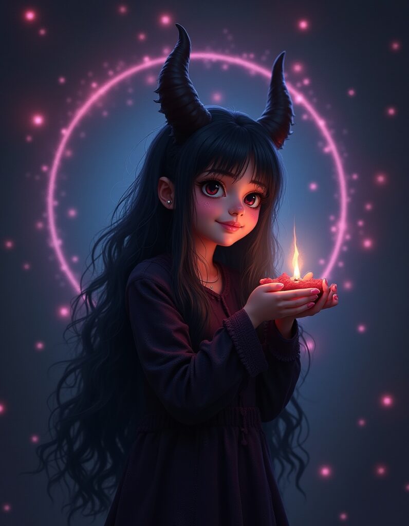 Girl with horns holding glowing candle under cosmic pink light.