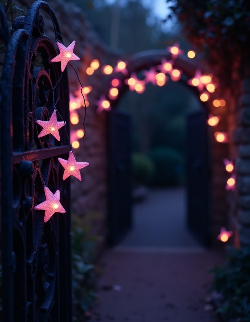 Pink star string lights on a gothic garden gate.