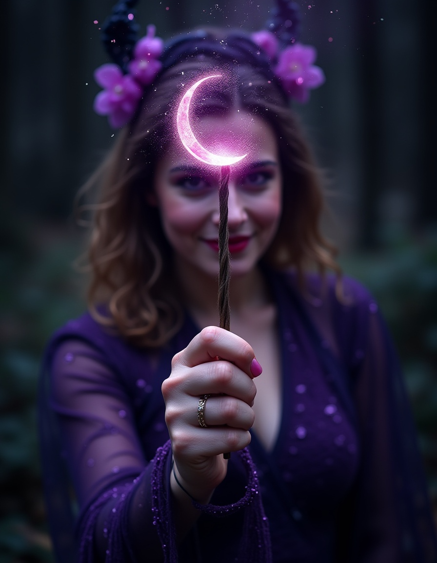 Woman dressed as a cosmic witch holding a glowing crescent moon wand in the forest.