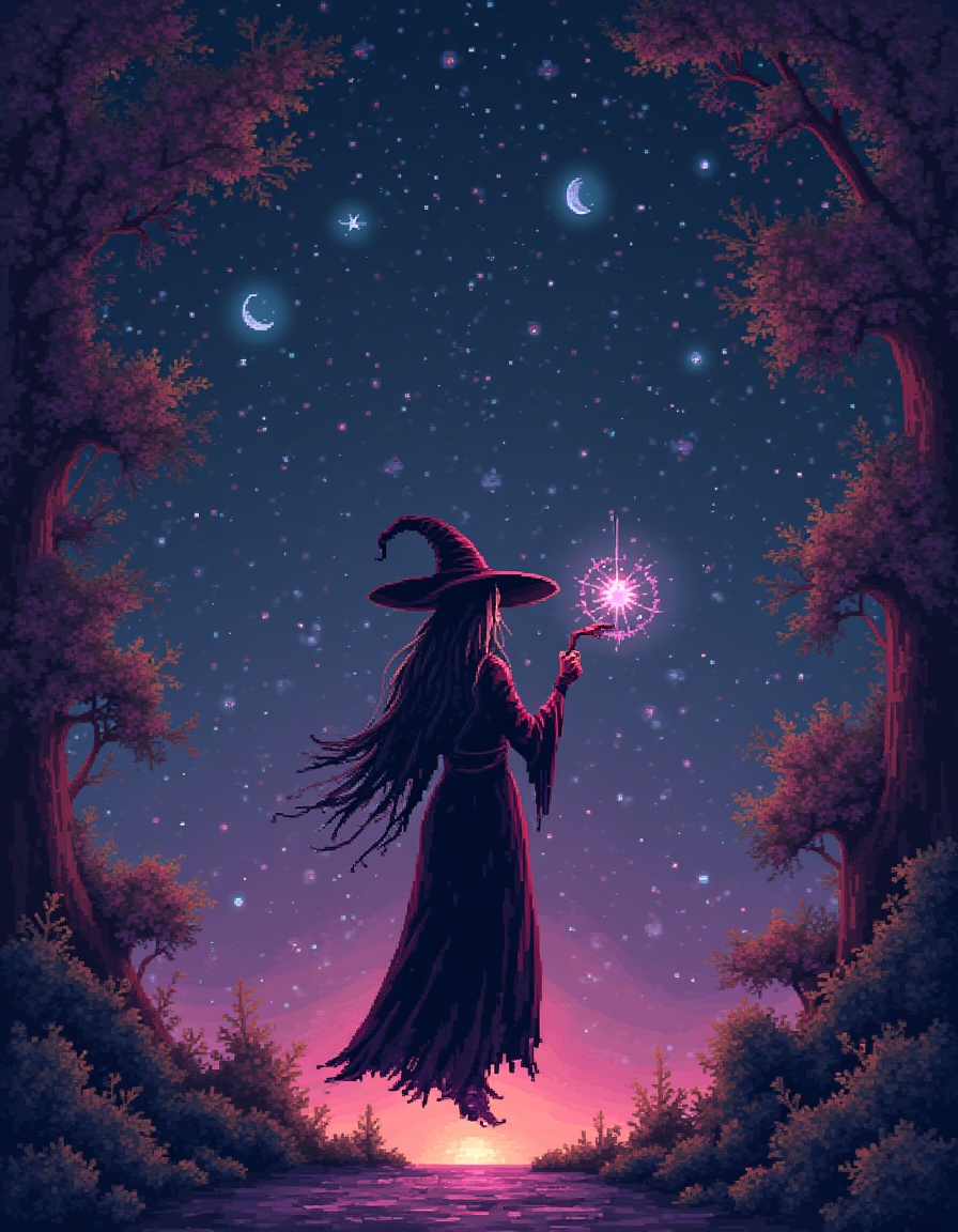 Pixel art witch in hat holding glowing magic under a starry sky with crescent moons.