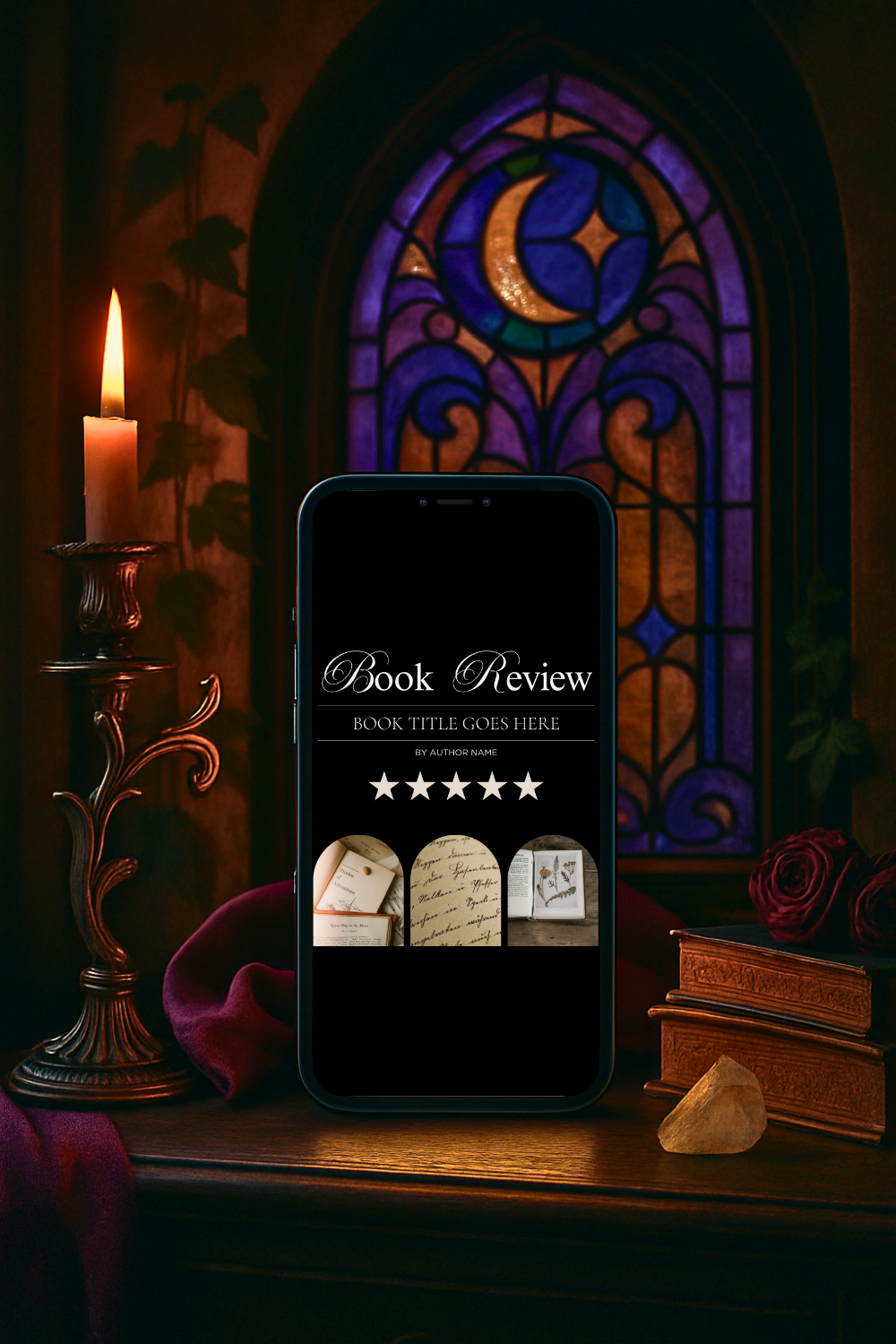 Dark Cosmic Witch aesthetic mockup showing Dark Academia meets Victorian Goth Canva Instagram templates for authors, writers, and bookstagram accounts.
