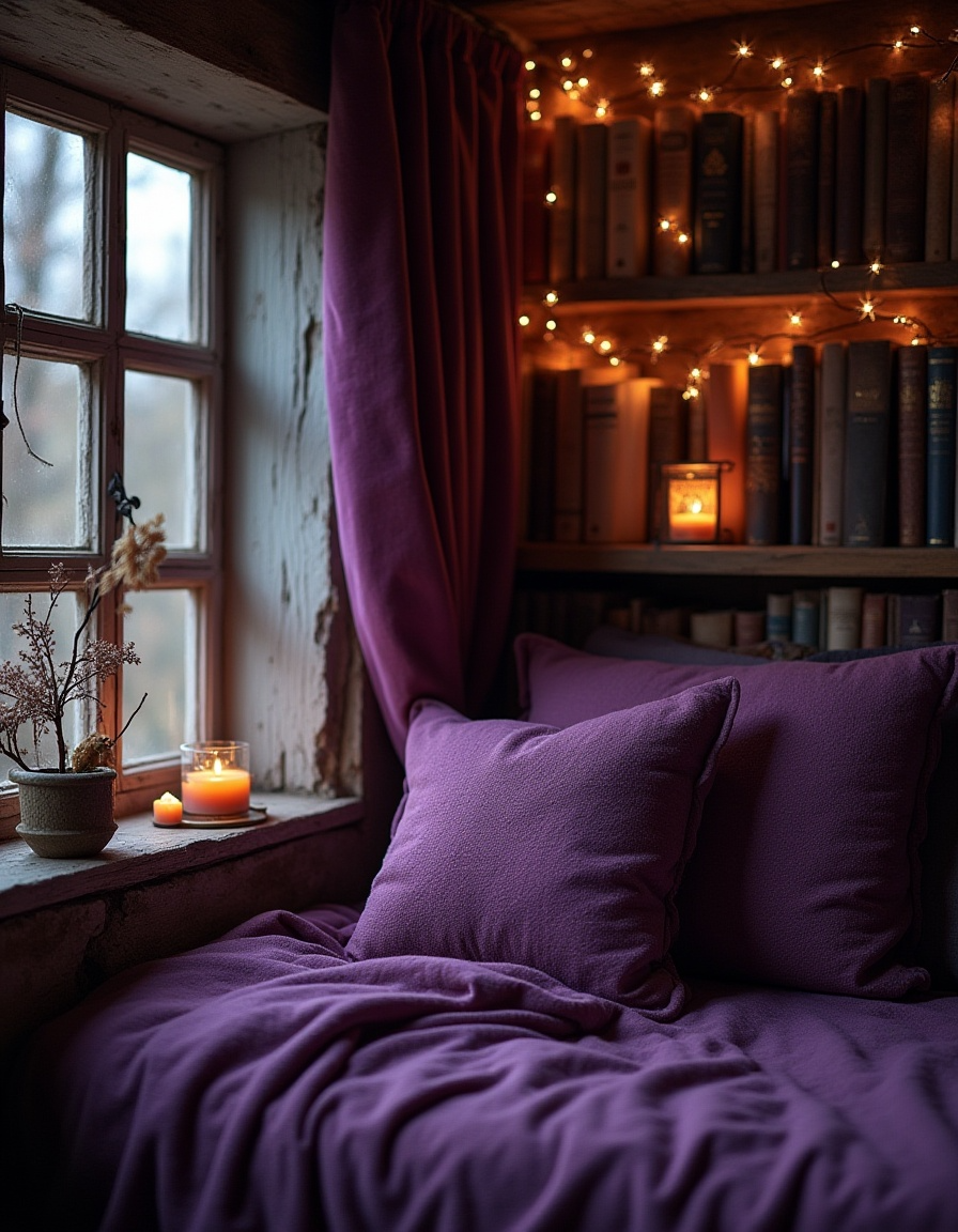 Cozy gothic reading nook with purple pillows, candles, bookshelves, and fairy lights.