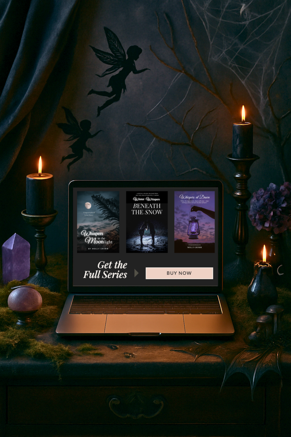 Mockup of gothic romance book series in dark academia aesthetic with Buy Now button on laptop screen, styled with candles and crystals.