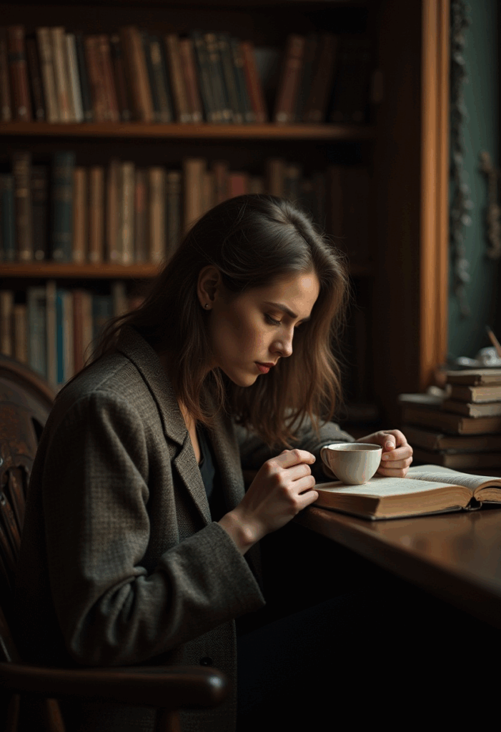 Woman drinking coffee and reading in a vintage library – classic Dark Academia aesthetic.