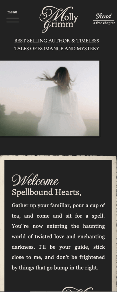 A gothic dark academia Showit website template mockup for authors, writers, and creatives — featuring a moody, bookish design perfect for romance and fantasy writers.