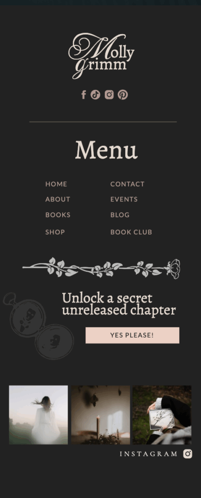 A gothic dark academia Showit website template mockup for authors, writers, and creatives — featuring a moody, bookish design perfect for romance and fantasy writers.