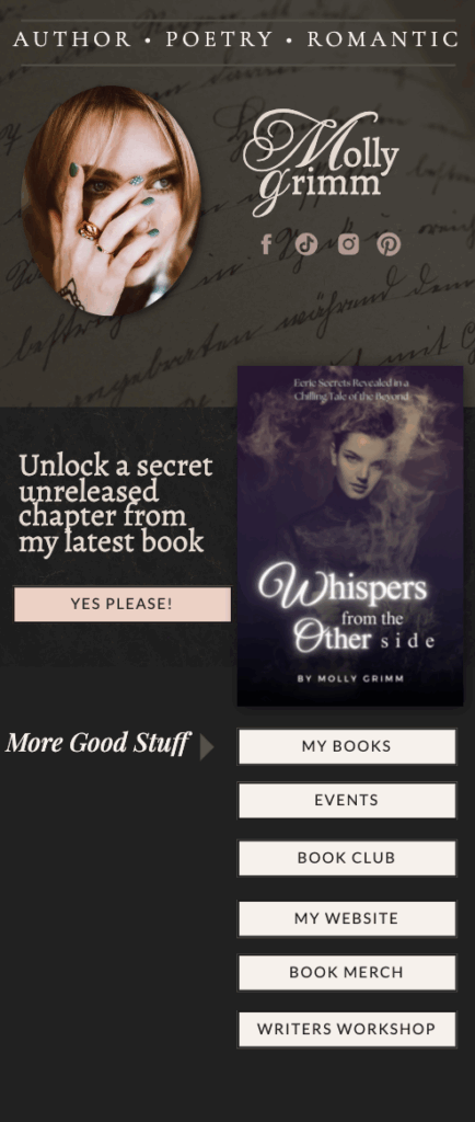 A gothic dark academia Showit website template mockup for authors, writers, and creatives — featuring a moody, bookish design perfect for romance and fantasy writers.