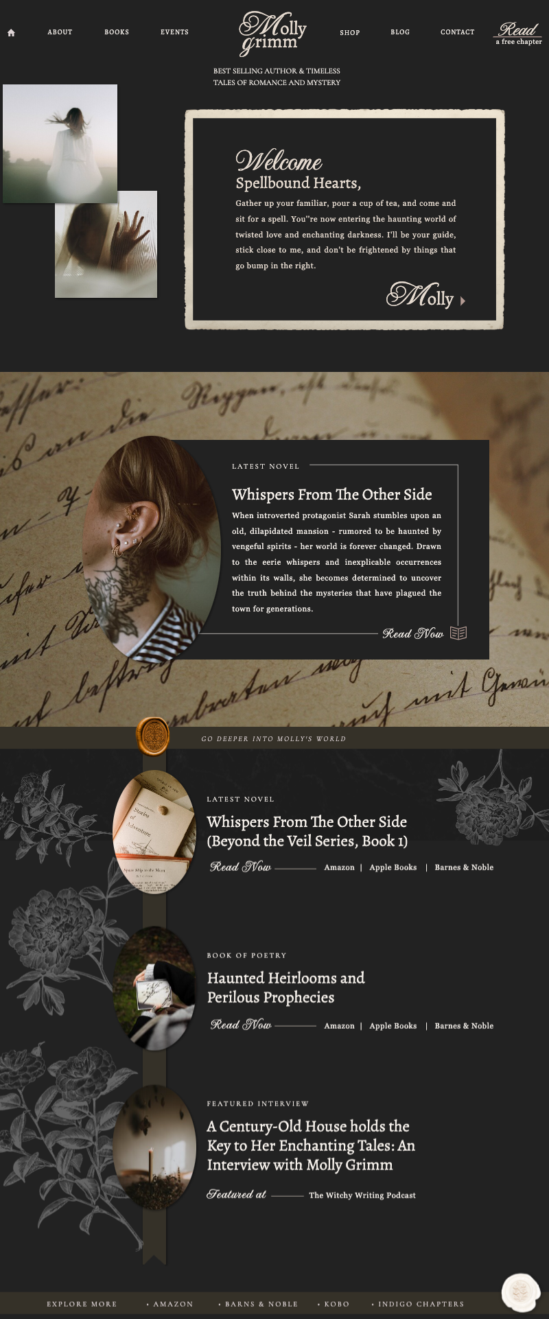 A gothic dark academia Showit website template mockup for authors, writers, and creatives — featuring a moody, bookish design perfect for romance and fantasy writers.