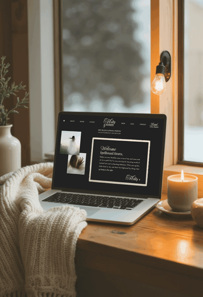 Laptop mockup of Molly Grimm dark academia gothic author website template for writers and creatives — cozy, bookish Showit design.