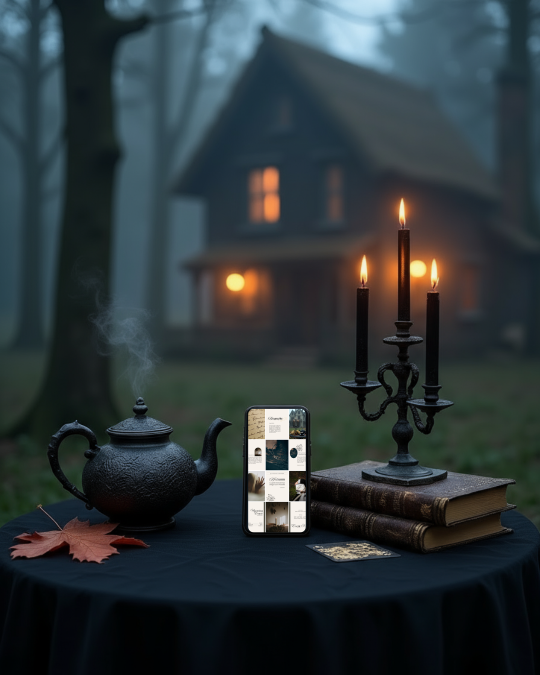 Mockup of Dark Academia Instagram templates on a phone, styled with gothic decor including candles, books, and a teapot in front of a cozy autumn house.