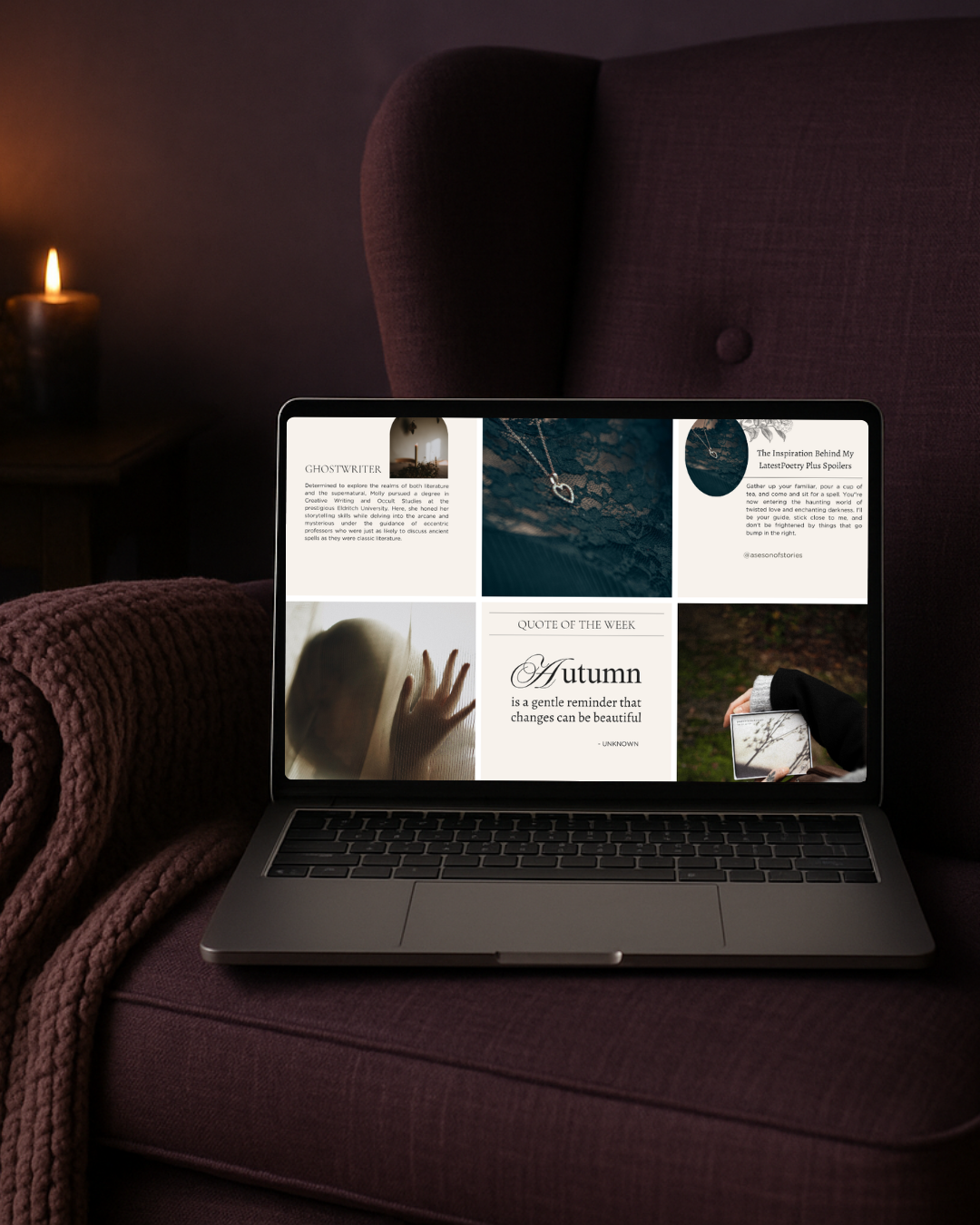 Laptop mockup displaying dark academia Instagram templates in Canva style, featuring aesthetic quotes, moody visuals, and gothic academic design for social media.