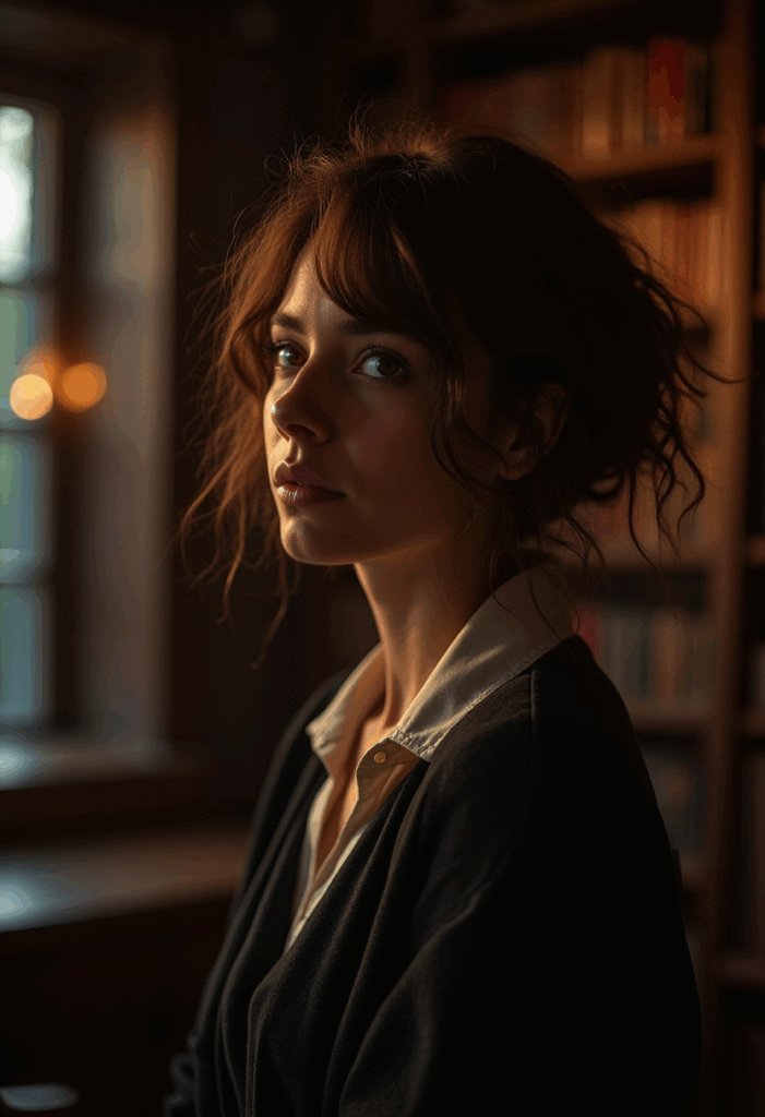 Portrait of a woman in a moody library with soft golden light – Dark Academia aesthetic.