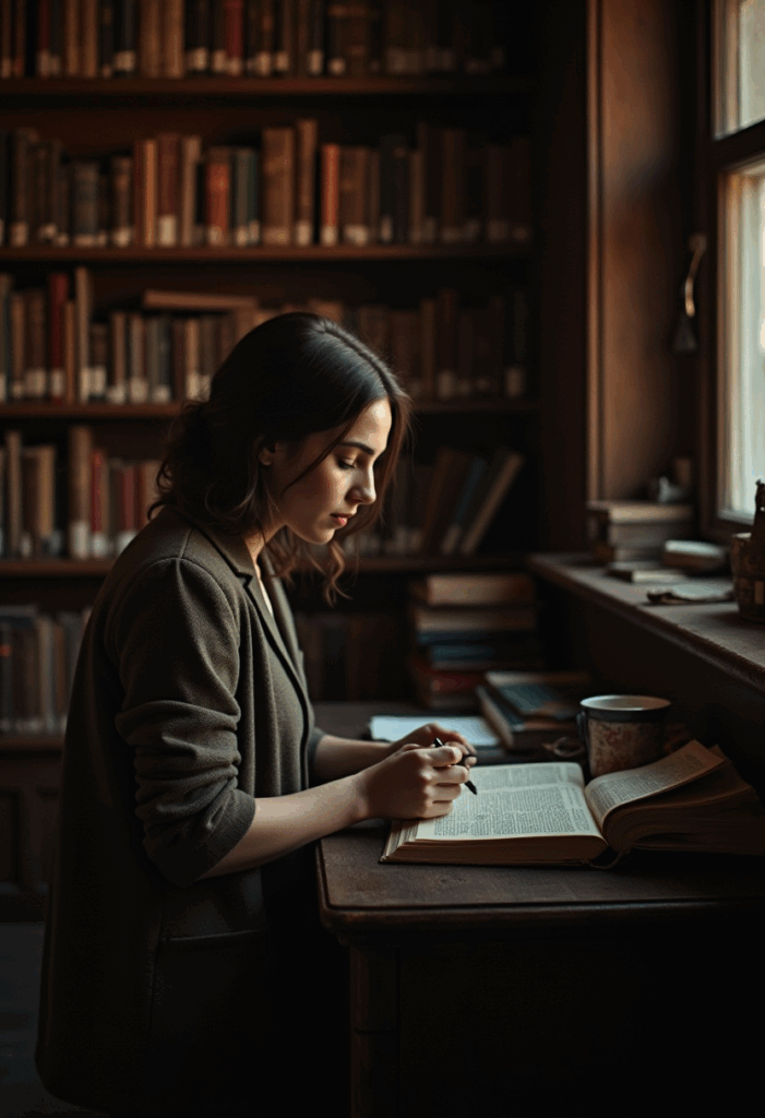 Woman reading a book in a cozy library with warm light, tea, and vintage bookshelves – Dark Academia aesthetic.