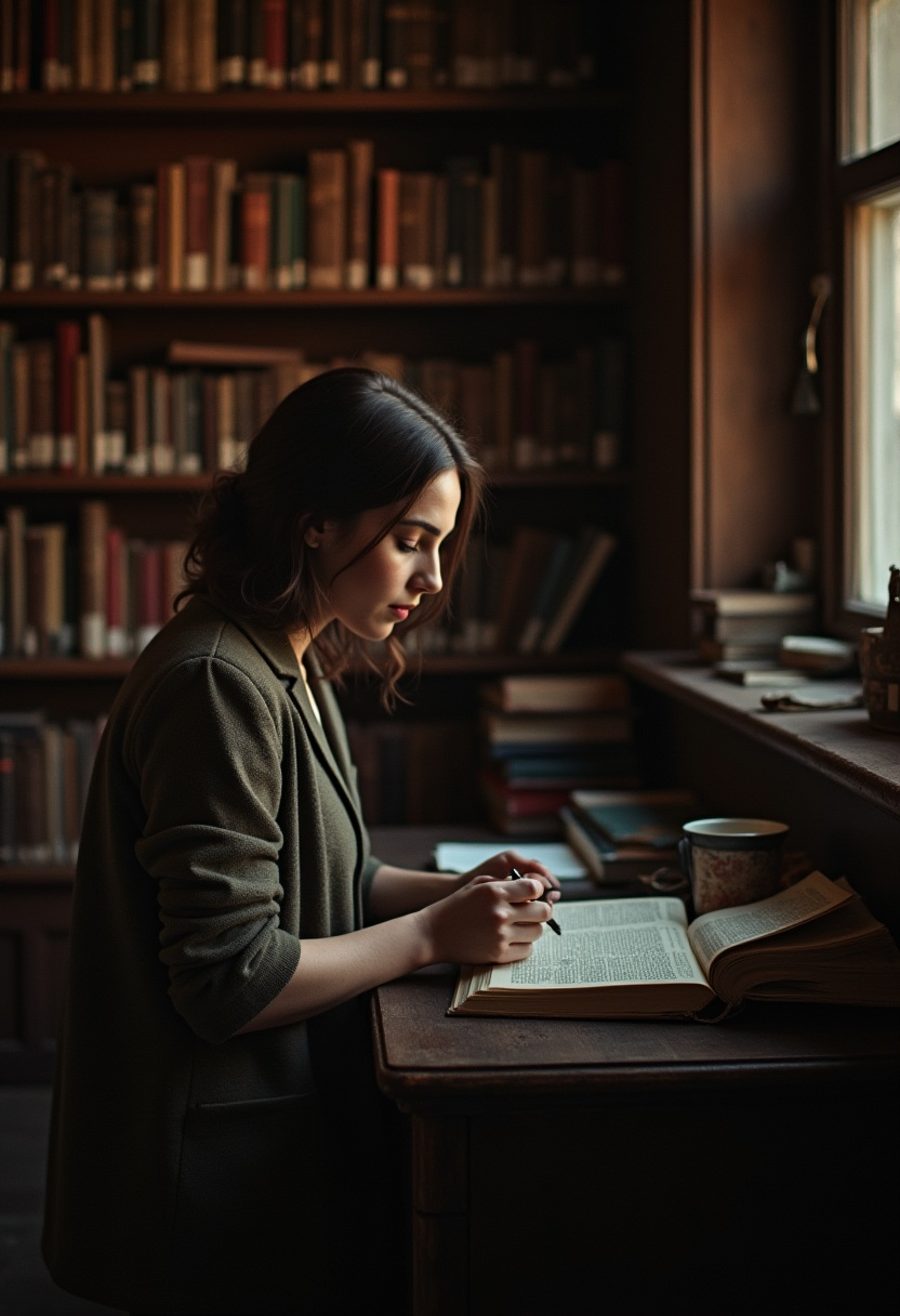 Woman reading a book in a cozy library with warm light, tea, and vintage bookshelves – Dark Academia aesthetic.