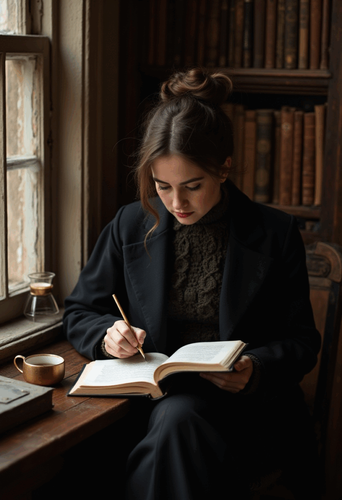 Woman writing notes in a book by a library window with coffee – Dark Academia study ritual.