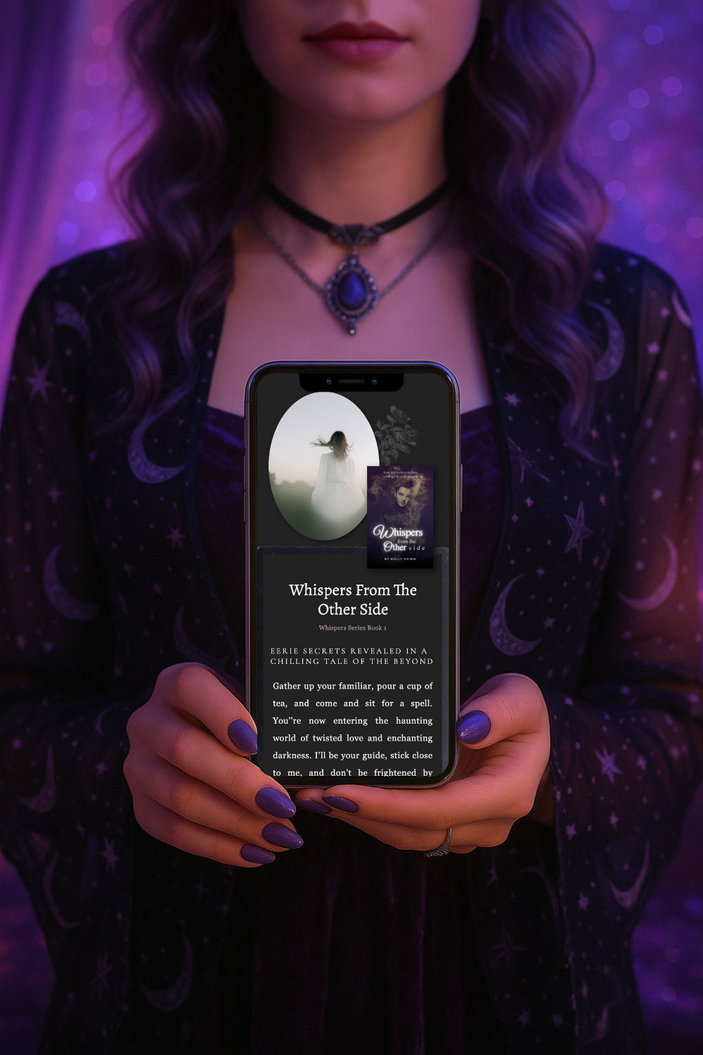Dark Cosmic Witch aesthetic mockup showing a Dark Academia meets Victorian Goth Showit website template for authors, writers, and cozy creators.